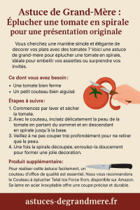 🍅 Astuce de Grand-Mère : Éplucher une tomate en spirale pour une présentation originale
Vous cherchez une manière simple et élégante de décorer vos plats avec des tomates ? Voici une astuce de grand-mère pour éplucher une tomate en spirale, idéale pour embellir vos assiettes ou surprendre vos invités.

🛠️ Ce dont vous avez besoin :
Une tomate bien ferme

Un petit couteau bien aiguisé

✂️ Étapes à suivre :
Commencez par laver et sécher la tomate.

Avec le couteau, incisez délicatement la peau de la tomate en partant du sommet et en descendant en spirale jusqu'à la base.

Veillez à ne pas couper trop profondément pour ne retirer que la peau.

Une fois la spirale découpée, enroulez-la doucement pour former une jolie décoration.

🌟 Astuce supplémentaire :
Cette technique fonctionne également avec d'autres fruits et légumes à peau fine, comme les concombres ou les courgettes. Utilisez ces spirales pour décorer des salades, des plats froids ou des plateaux de fromages.

🛒 Produit recommandé :
Pour réaliser cette astuce facilement, un couteau d'office de qualité est essentiel. Nous vous recommandons le Tefal Ice Force Couteau à éplucher 9 cm, disponible sur Amazon. Sa lame en acier inoxydable offre une coupe précise et durable.
Amazon
Circulaire en ligne
+2
Amazon
+2
Amazon
+2

👉 Voir le produit sur Amazon