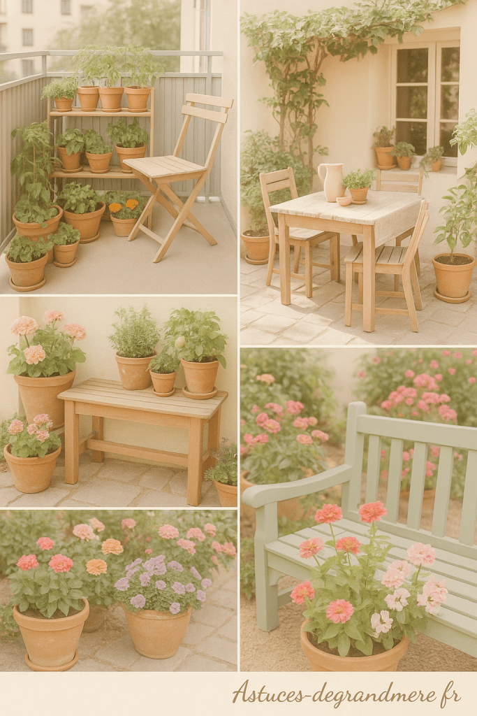 Des petits coins de paradis inspirants
Ce montage illustre à merveille comment transformer un simple balcon ou une terrasse en un véritable jardin miniature. On y découvre un balcon garni de pots de légumes, une table de jardin entourée de verdure, un banc fleuri accueillant, et un coin de détente avec des plantes colorées. Chaque scène respire la sérénité, l’ingéniosité et le charme naturel des astuces de grand-mère. Une véritable invitation à créer son oasis verte… même sans jardin !
