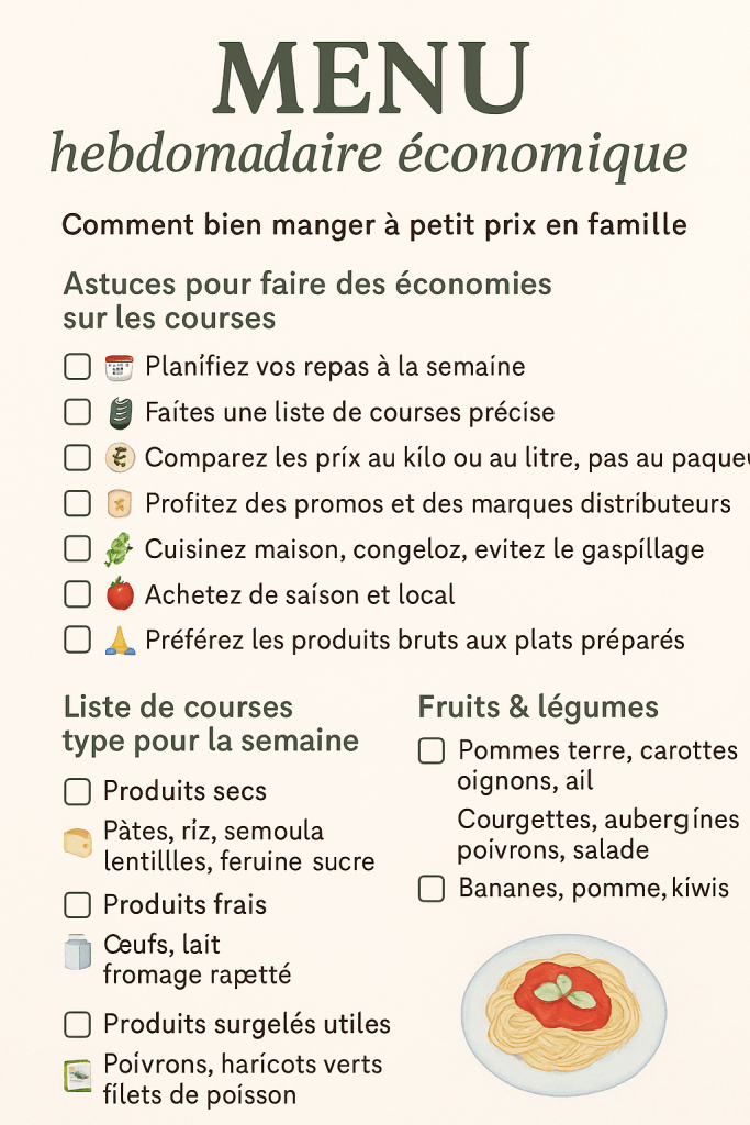 alt="Infographie en français présentant un menu hebdomadaire économique pour une famille, avec astuces d’économies, liste de courses et illustration de repas faits maison."