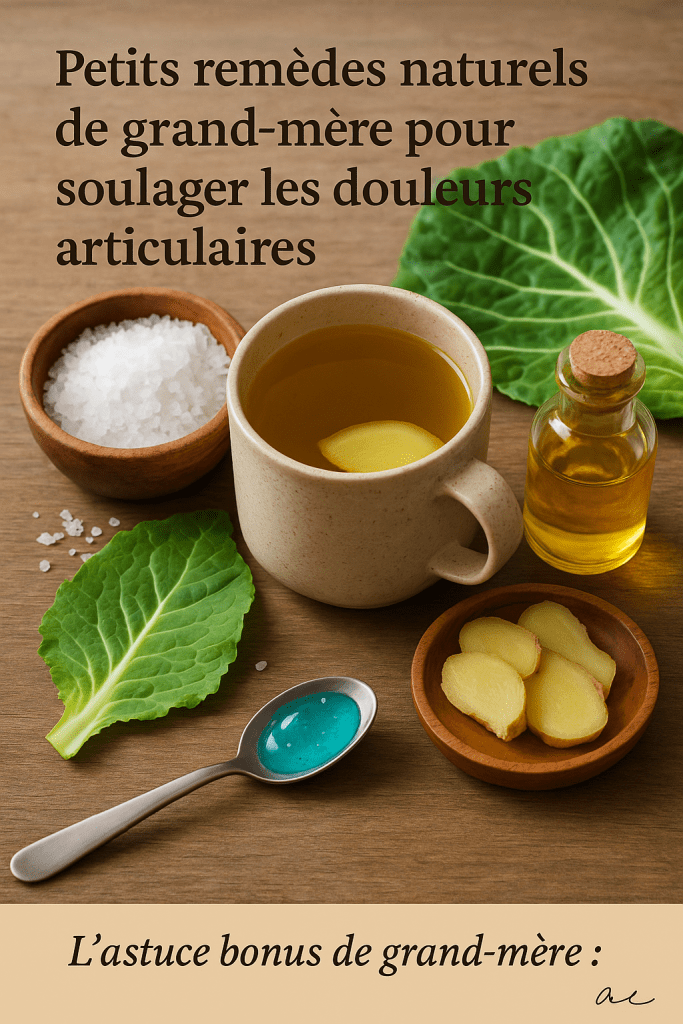 Photo réaliste de remèdes naturels contre les douleurs articulaires : tasse de tisane, sel d’Epsom, gingembre, chou, huile d’arnica, gel rafraîchissant.