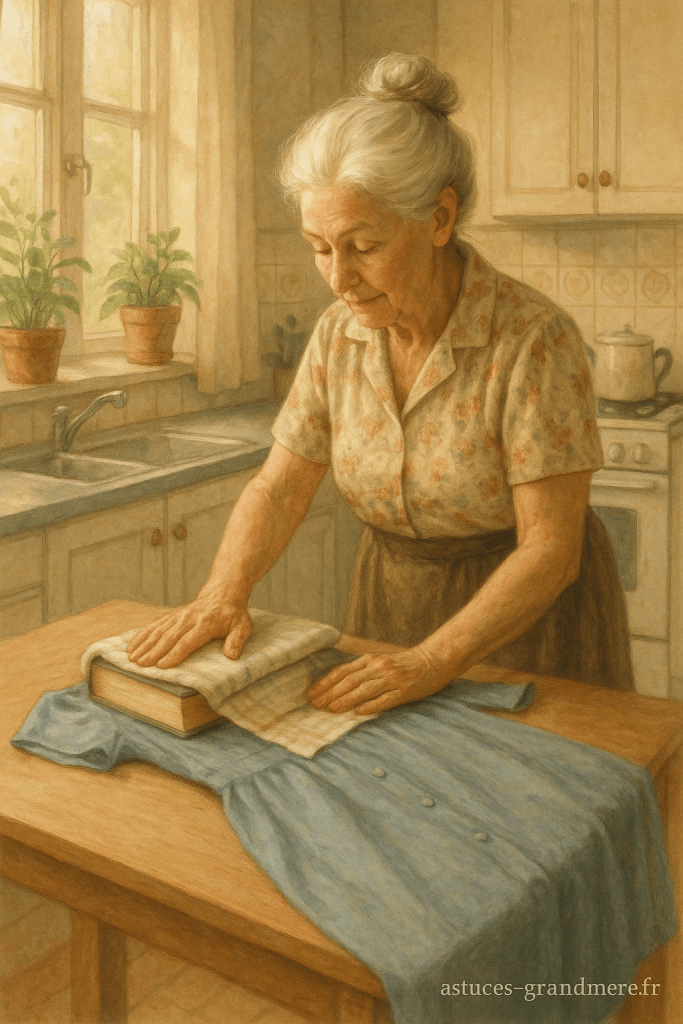 Une scène d'autrefois… toujours d’actualité !
Sur cette image douce et réaliste, une grand-mère applique son astuce de toujours : défroisser un vêtement à l’aide d’un livre épais et d’un torchon humide.
Dans sa cuisine baignée de lumière, entre plantes en pot et carreaux anciens, elle nous rappelle qu’avec peu de moyens et beaucoup d’ingéniosité, tout devient plus simple 🌿👵

🧵 Comme quoi, les meilleures idées sont souvent les plus anciennes…

📸 Image signée : astuces-grandmere.fr