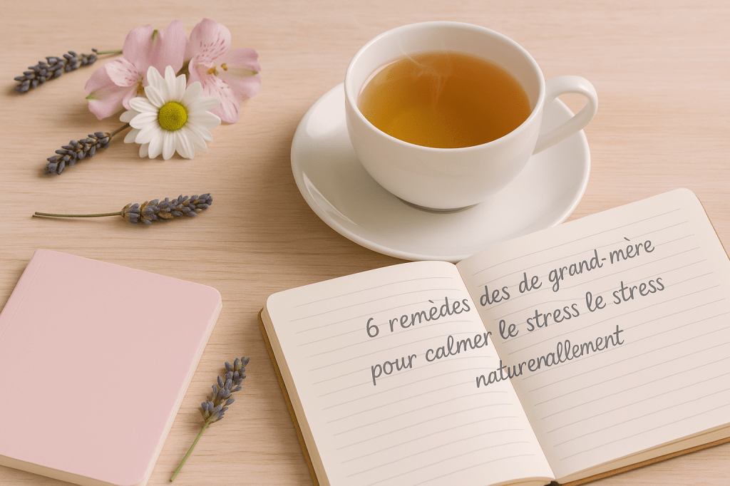 Tasse de tisane fumante sur une table en bois clair, entourée de fleurs de lavande, de marguerites et d’un carnet ouvert avec l’inscription « 6 remèdes de grand-mère pour calmer le stress naturellement », dans une ambiance douce et apaisante.

